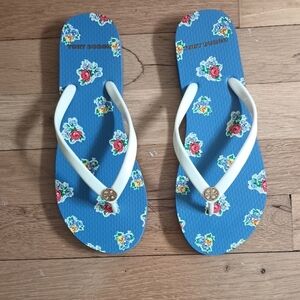 Tory Burch Blue Floral Sandals White Strap Sz 6 Novelty Beachy Vacation Casual